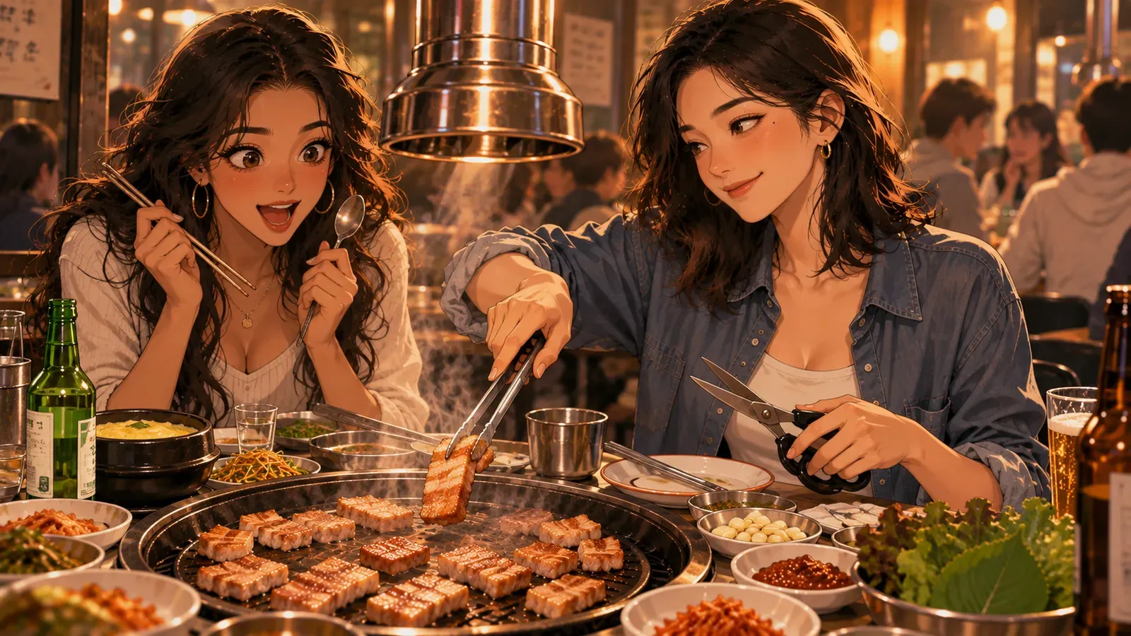 Grilling samgyeopsal at a Seoul BBQ table