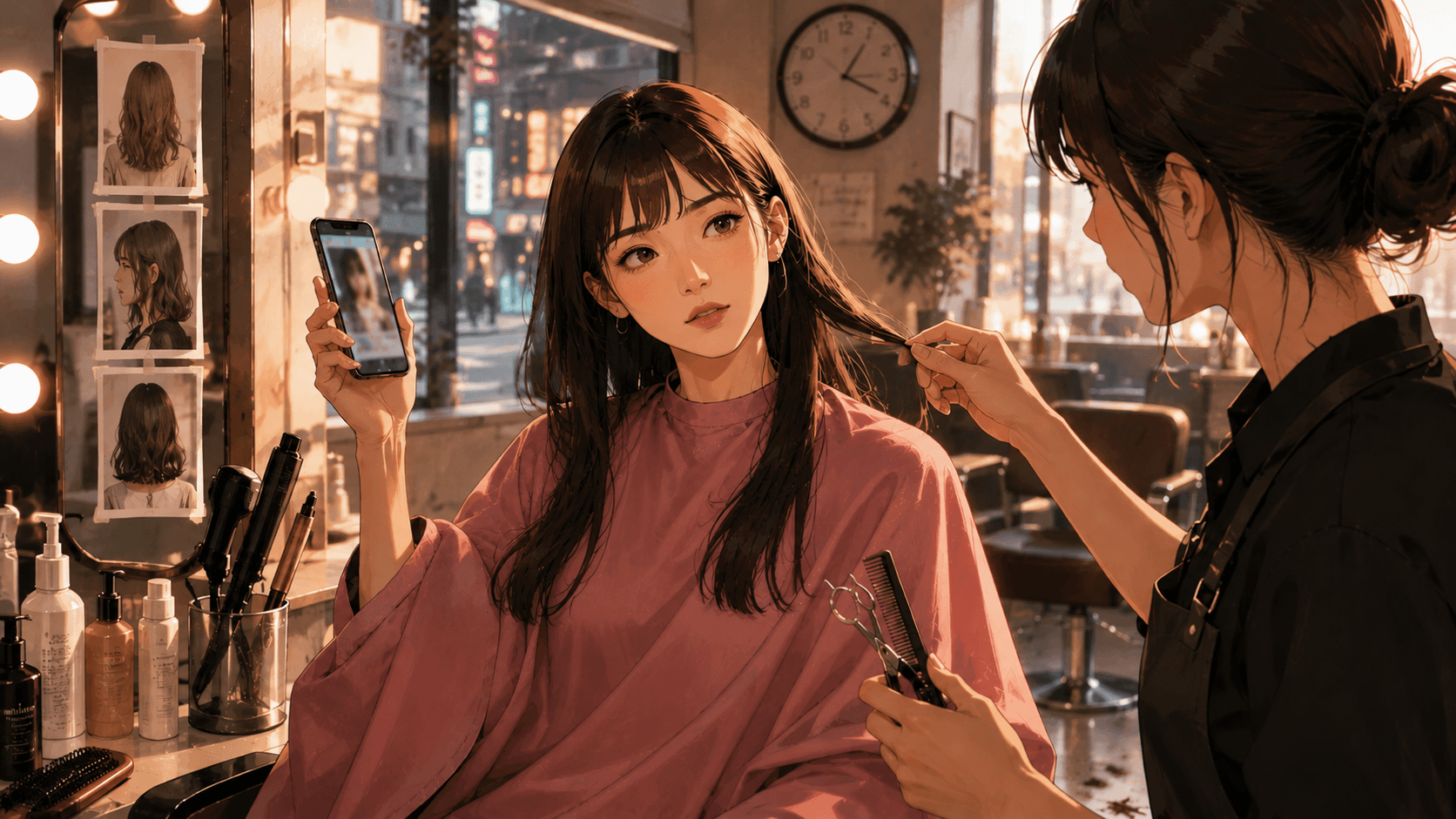 A Hongdae salon chair, reference photos on the mirror