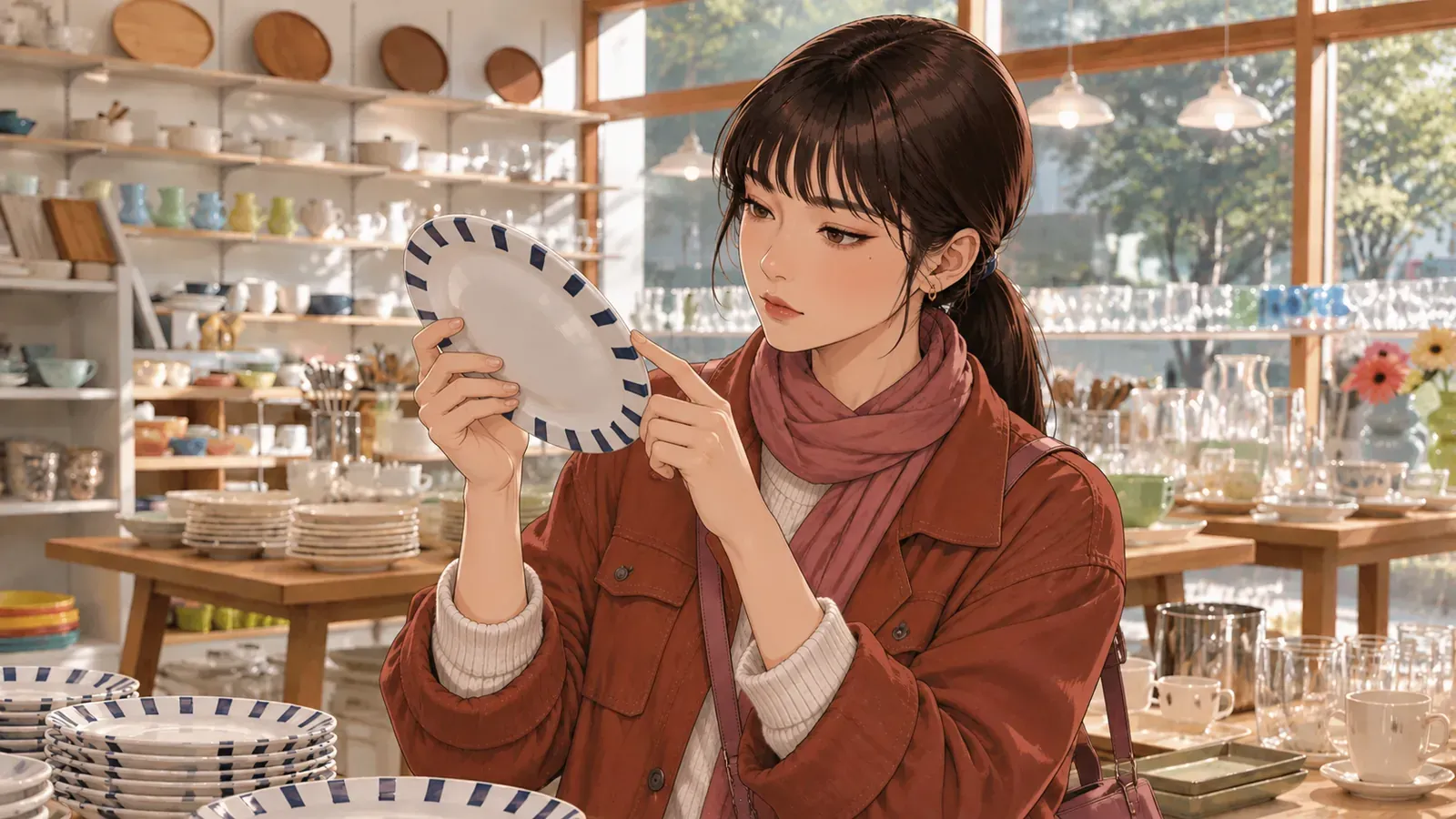 A shopper inspects a patterned ceramic plate in a tableware shop