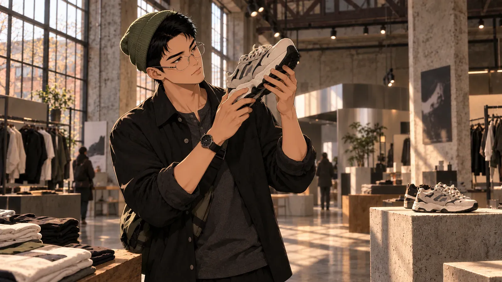 A shopper examines a sneaker while browsing a bright fashion store