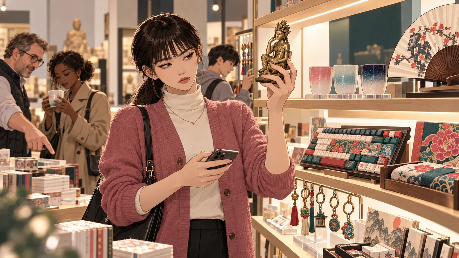 Yuna在博物館商店裡舉起一座鎏金的半跏思惟像小模型，架上擺著杯子、花紋鍵盤、摺扇和綴著流蘇的鑰匙圈，背後有其他顧客。