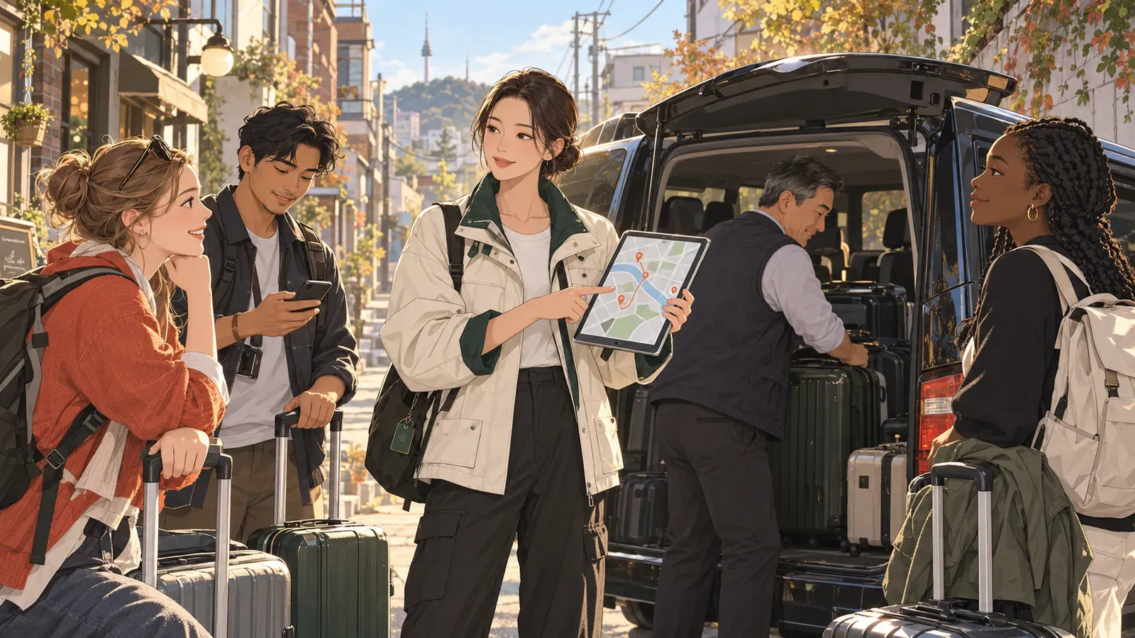 Travelers speak with a driver beside an open van with luggage inside