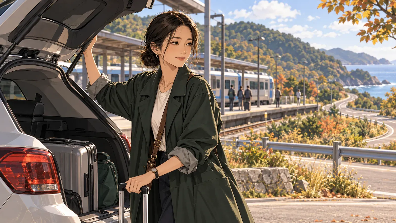 旅客站在地方車站旁的租來汽車旁，背景可見月台與郊外道路。