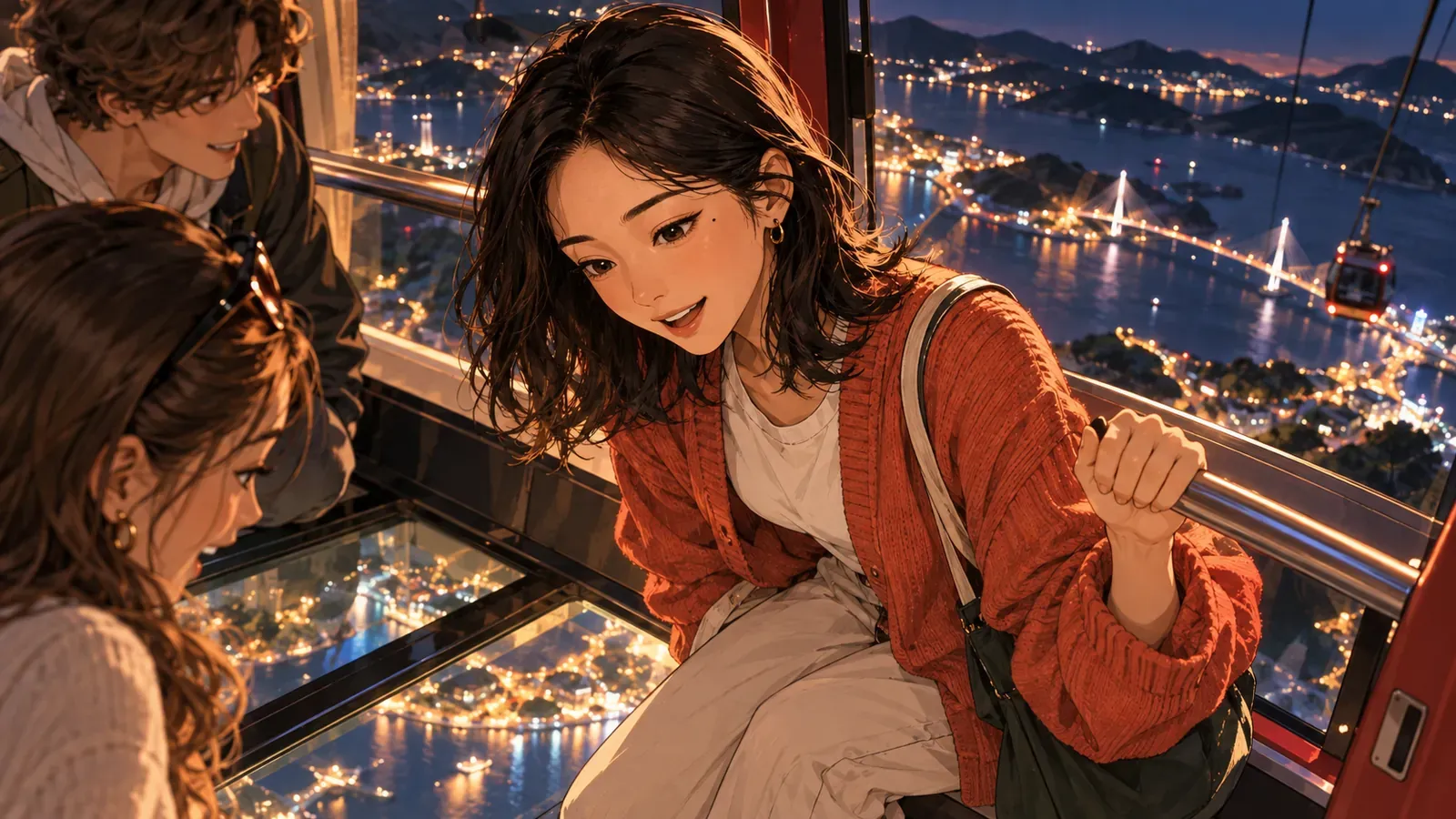Two travelers look out over a lit waterfront and bridge at night