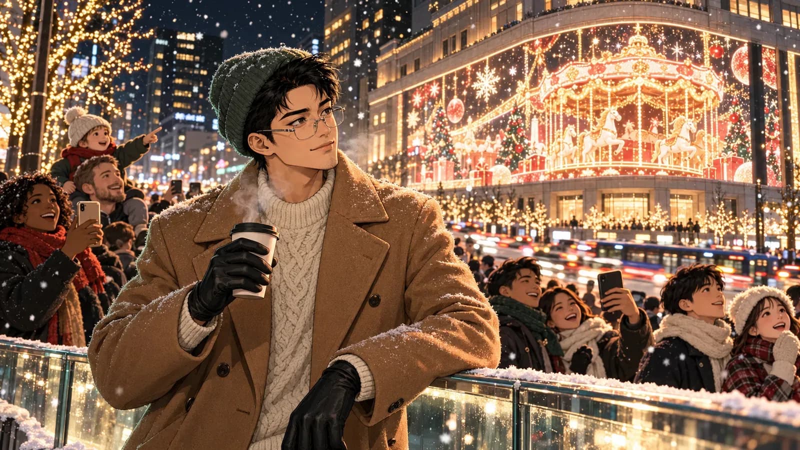 Jay, in a camel coat and green beanie, leans on a snowy glass railing with a takeaway coffee as a department-store facade across the road plays a Christmas carousel animation and visitors hold up their phones