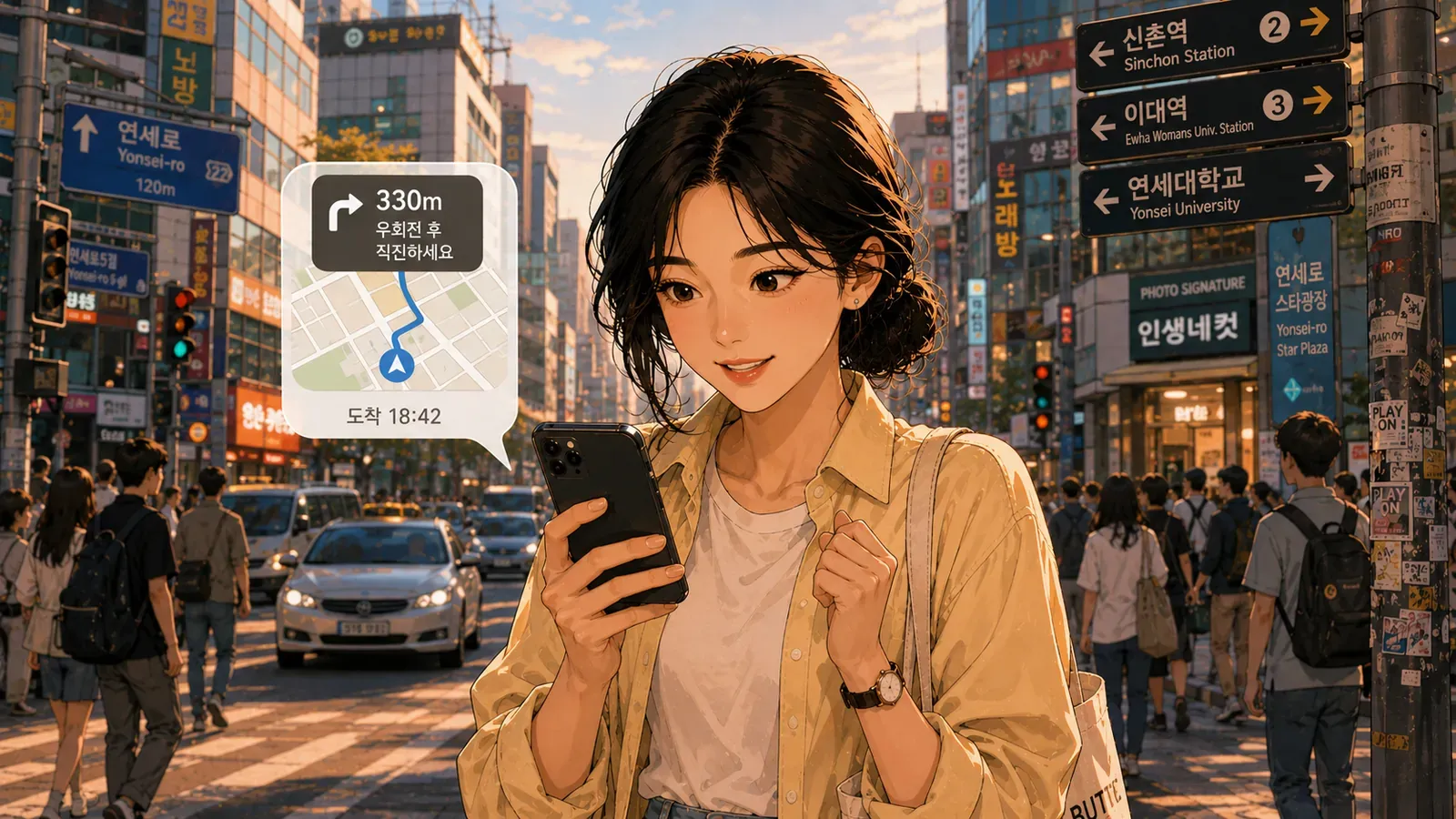 A traveler checks a navigation app at a busy Seoul street crossing