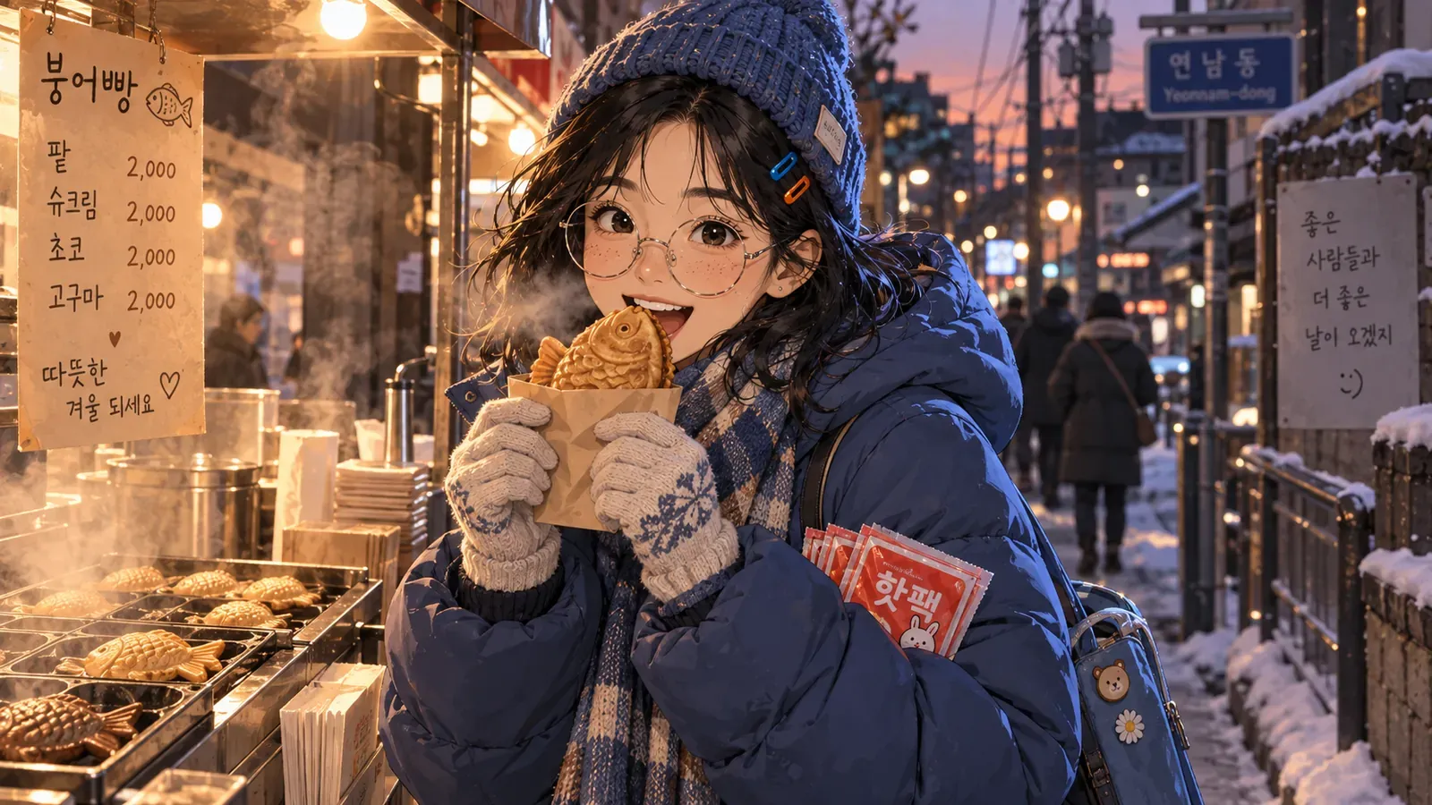 A bundled-up traveler eats a hot fish-shaped pastry on a snowy Seoul street