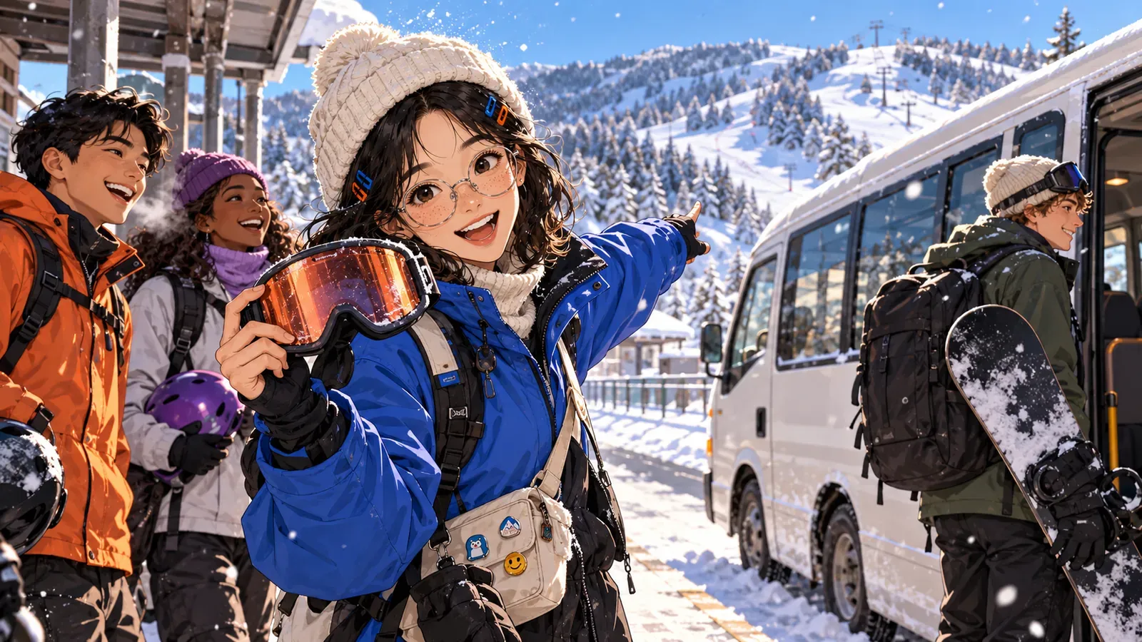 Rae in a blue ski jacket holds up her goggles and points toward a white shuttle van at a snowy stop, with smiling skiers carrying helmets and a snowboard and snow-covered slopes behind them.