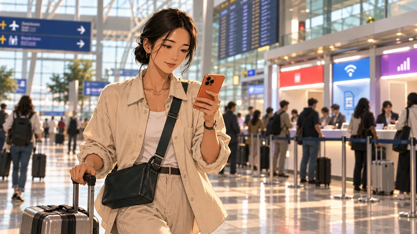 Checking an eSIM connect the moment she lands at Incheon