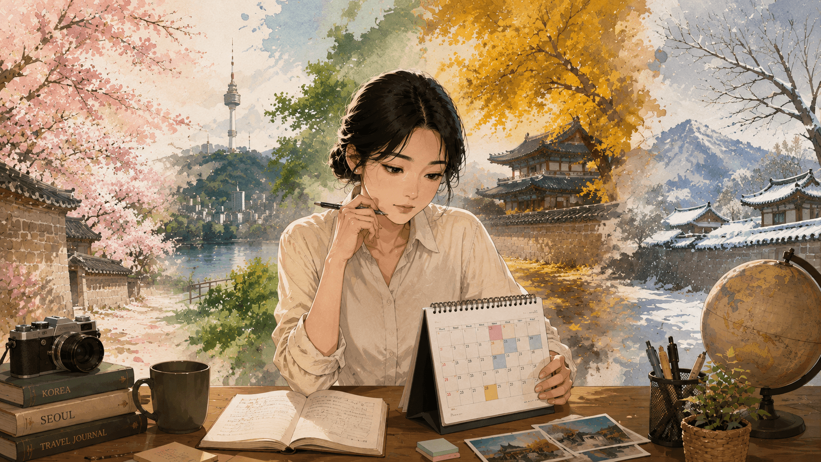 A desk of trip plans, framed by four Seoul seasons