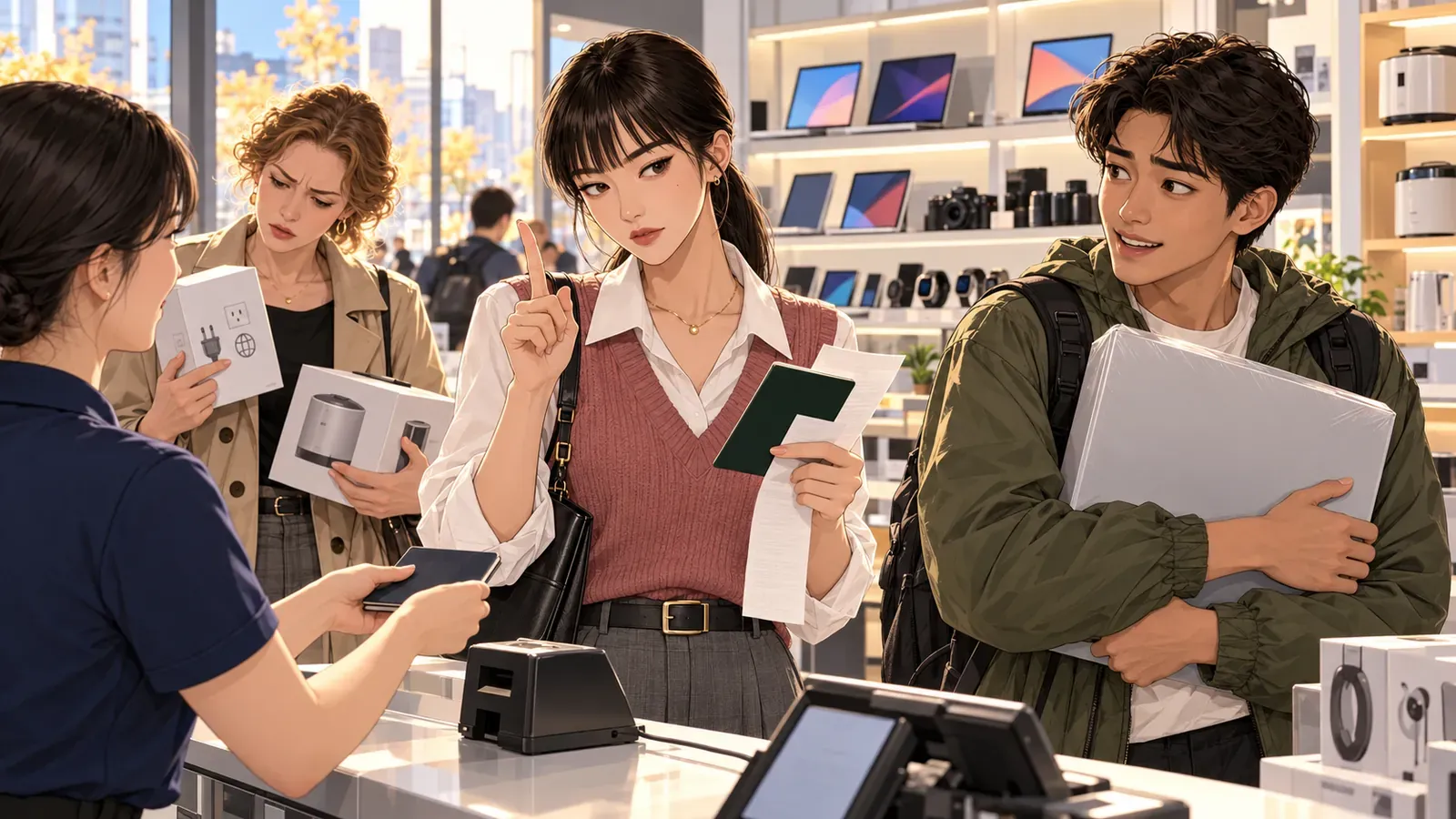 電子機器店のレジで、ユナが指を立てて注意しながらパスポートと還付レシートを確認し、隣の旅行者は未開封のノートパソコンの箱を抱え、別の旅行者は家電の箱を見つめている。