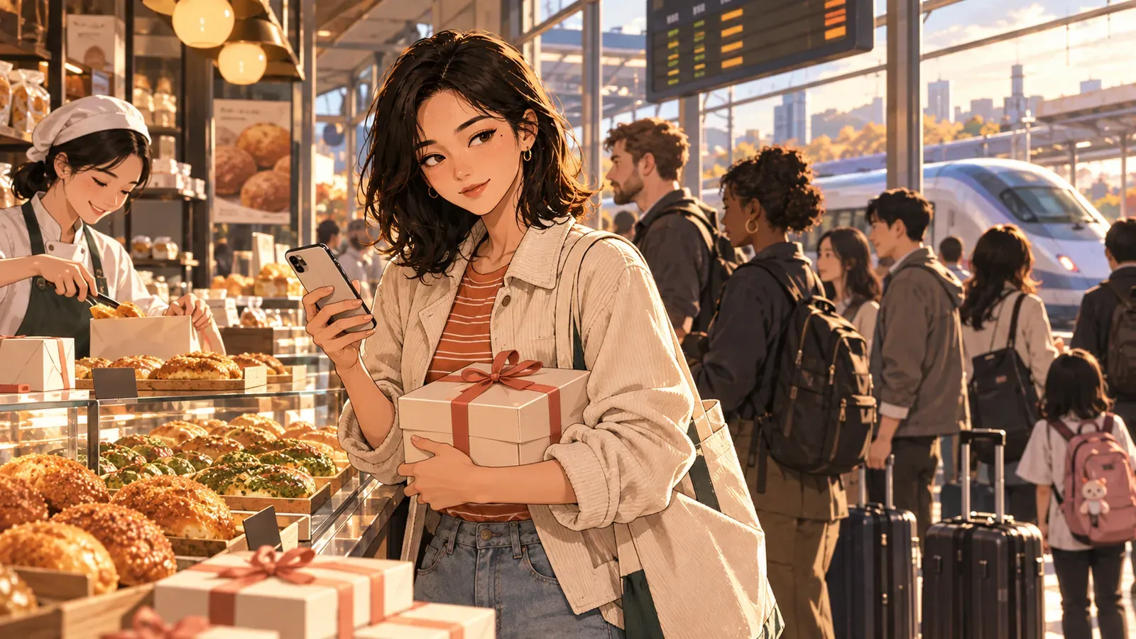 A traveler holding a ribbon-tied box of bread at a station bakery while a high-speed train waits outside the window