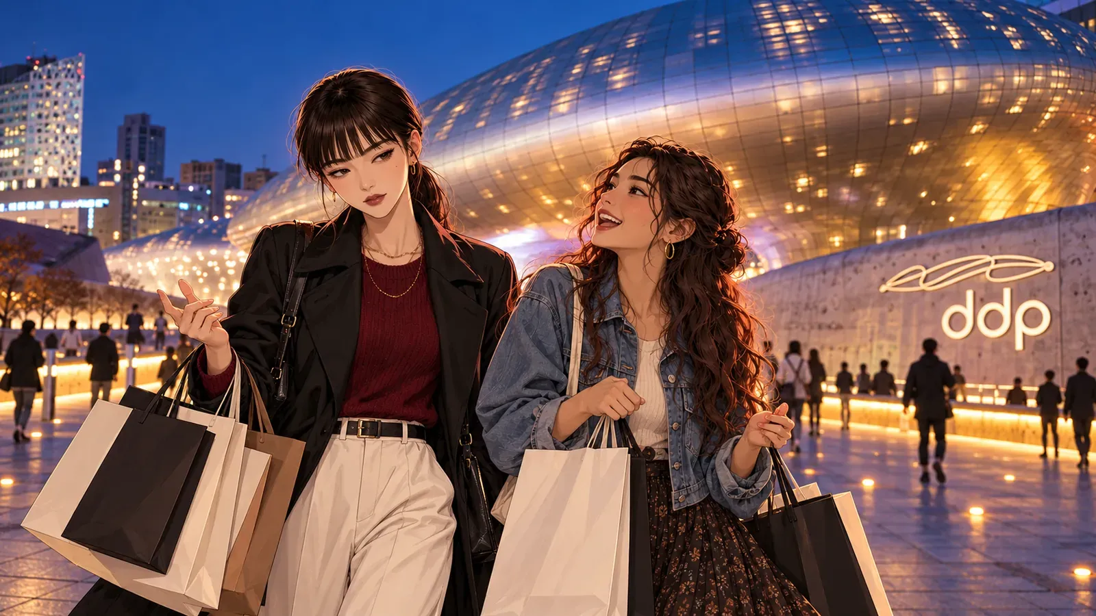 夜晚,Yuna 和一位笑容滿面的旅客提著購物袋,走過 DDP 銀色曲線外牆前燈火通明的廣場。