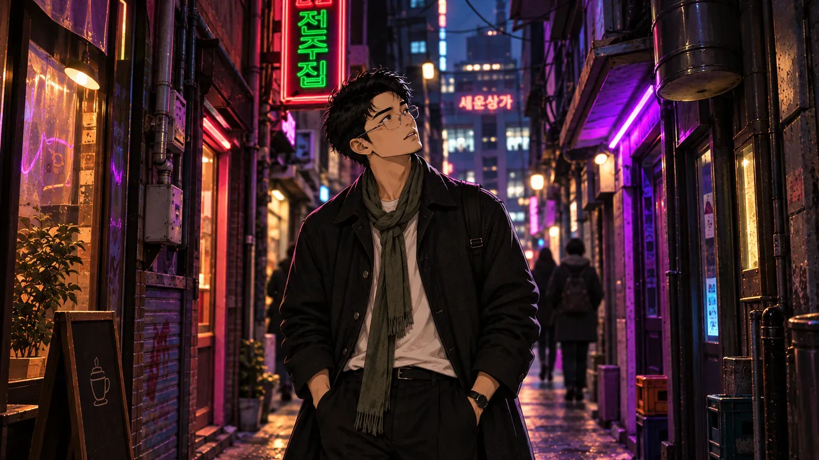 A visitor looks up at neon signs in a narrow Seoul alley at night