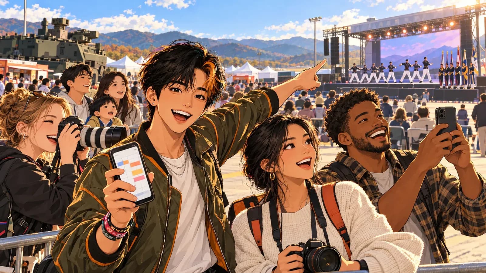 At an outdoor army festival on a sunny autumn day, Joon points to a distant stage where uniformed performers dance, while travelers film and photograph the show