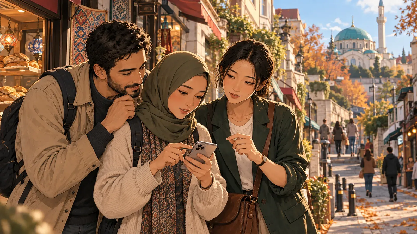 Soo與兩位旅客(其中一位戴橄欖綠頭巾)在秋天的坡道上一起湊著看手機,旁邊有麵包店櫥窗,遠處可見清真寺圓頂。