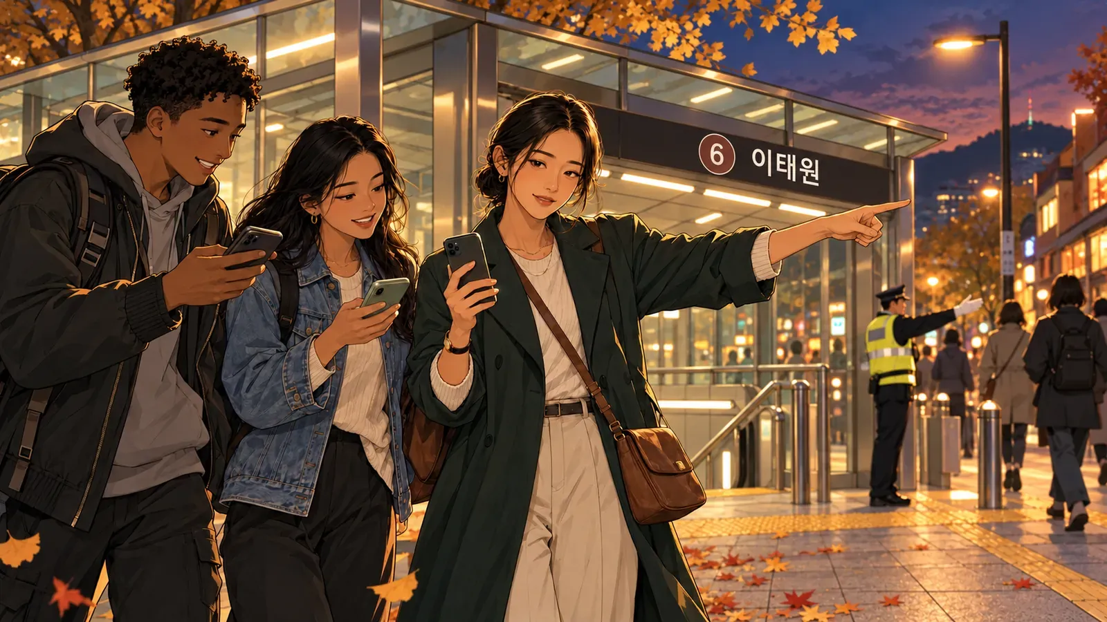 夕暮れのイテウォン(이태원)駅の出口前で、スーがスマホの地図を見る2人の旅行者に道を指し示している。黄色いベストの安全要員と、秋の落ち葉が近くに見える。