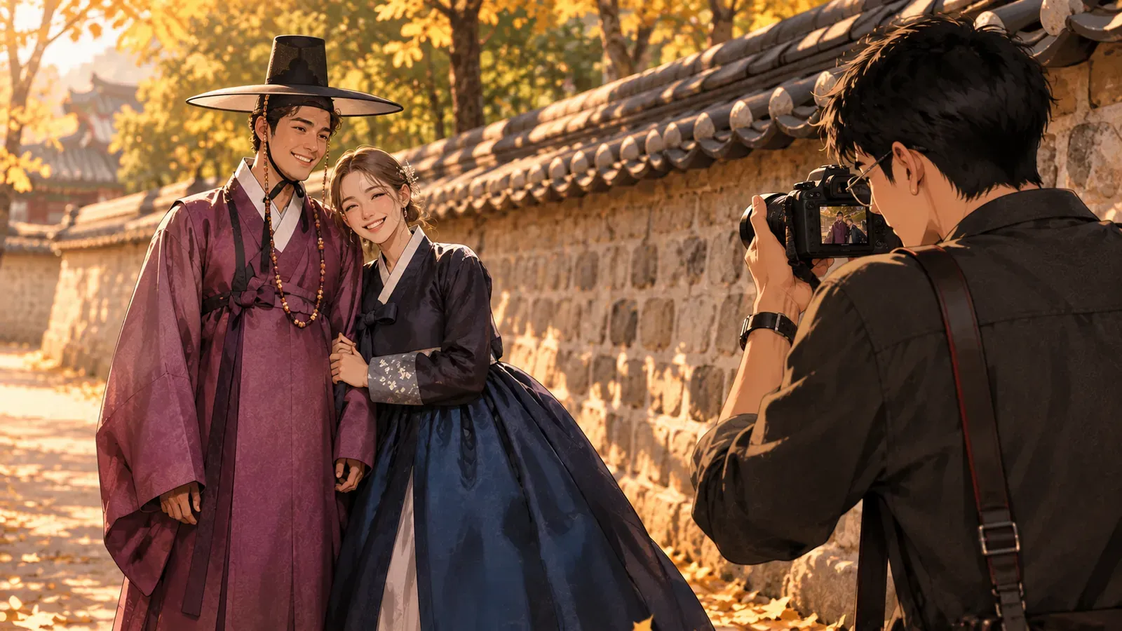A photographer takes a portrait of two visitors in hanbok beside a traditional Korean wall
