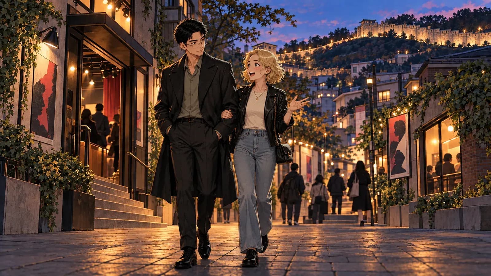 Jay and a companion walk past small theatre entrances at dusk, with an illuminated city wall on the hill behind them
