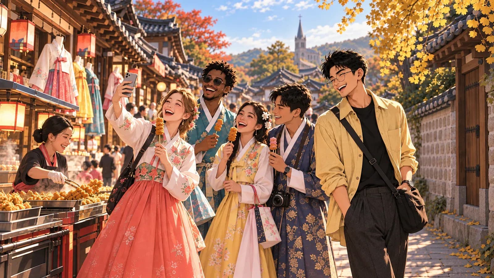 Friends in rental hanbok laugh over street-food skewers on a hanok village lane, with a quiet stone-walled alley beside them