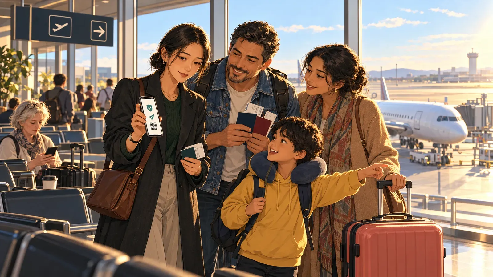 空港の搭乗口で、スーが家族連れの旅行者に3つのアイコンが並ぶスマホのチェックリストを見せ、父親はパスポートを手に、子どもは窓の外の飛行機を指さしている。
