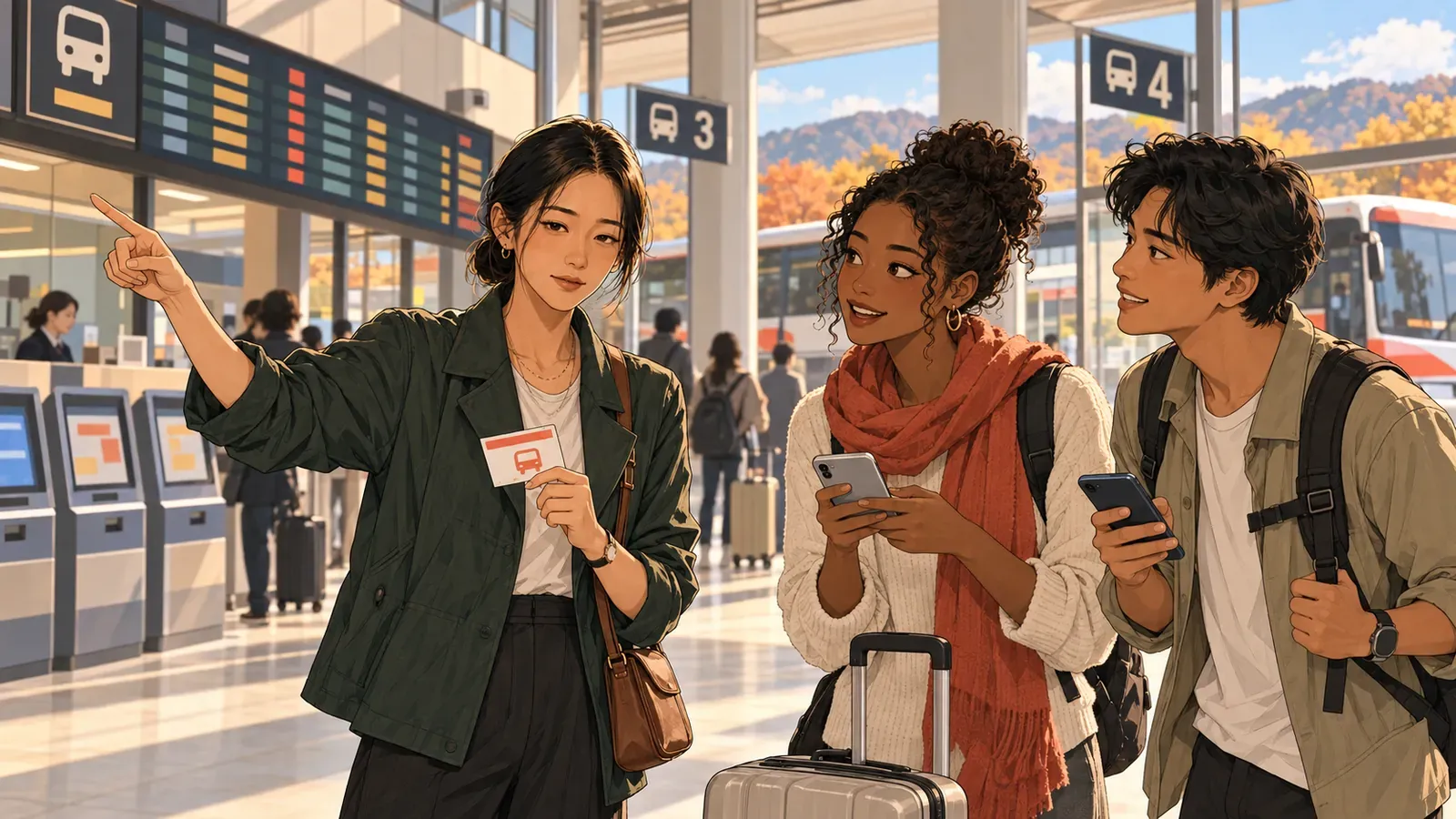 Soo points out the departure board to two travelers at a Korean intercity bus terminal