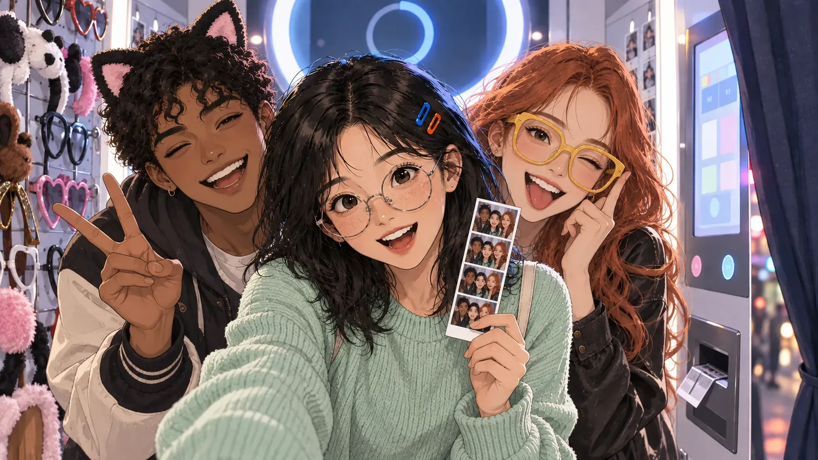 Three friends pose together with a photo strip inside a Seoul self-photo booth