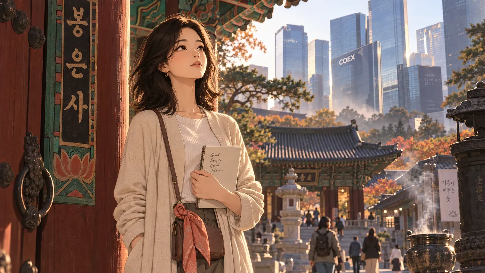 A traveler stands near a traditional temple gate with COEX in the distance