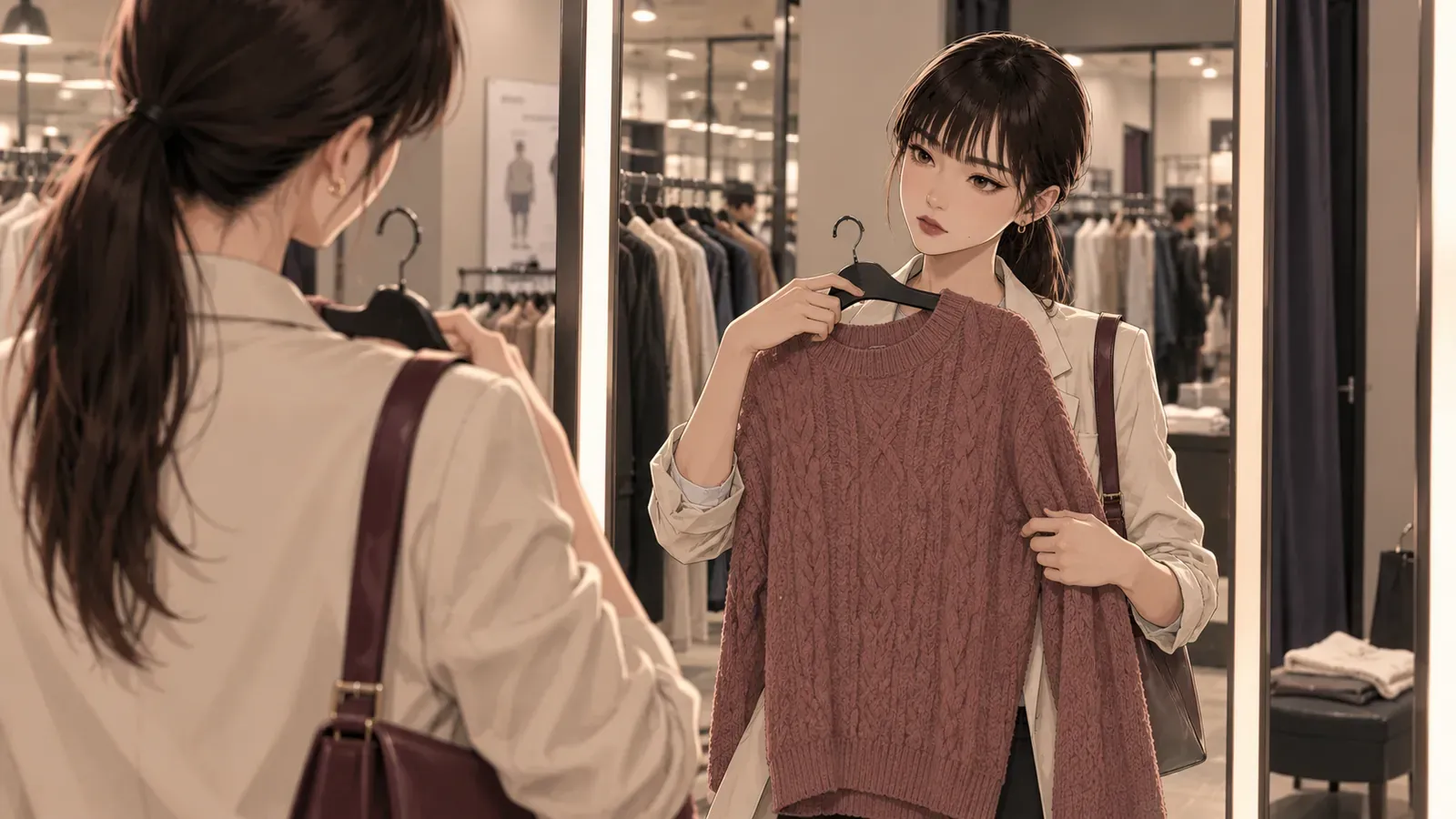A shopper checks a sweater in a fitting-room mirror at a clothing store