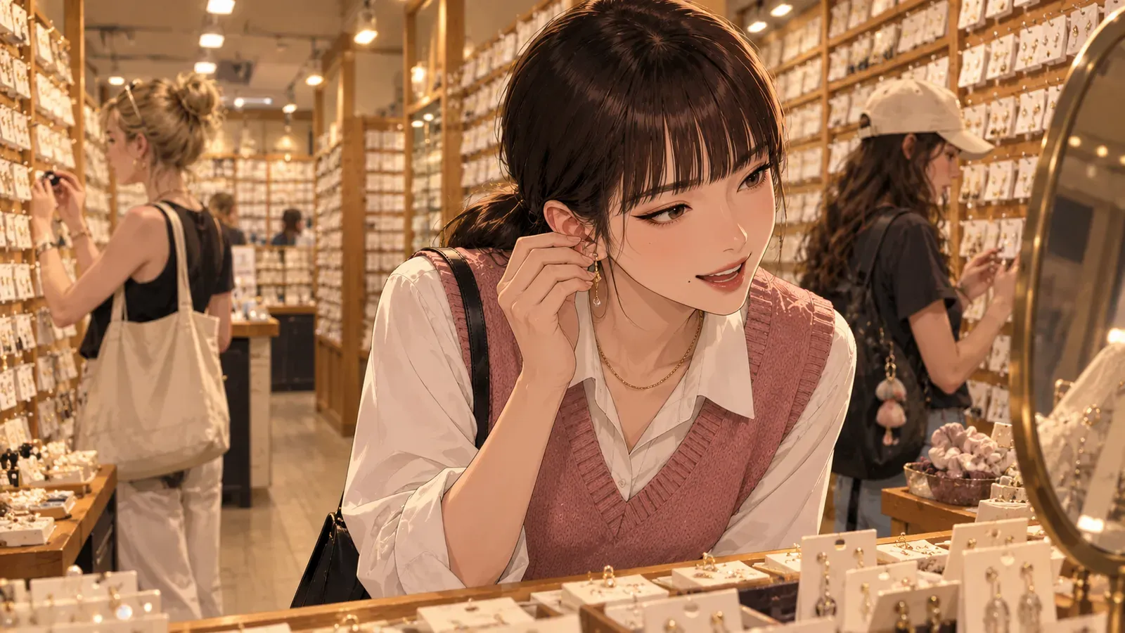 A shopper tries on an earring at a jewelry display in Seoul