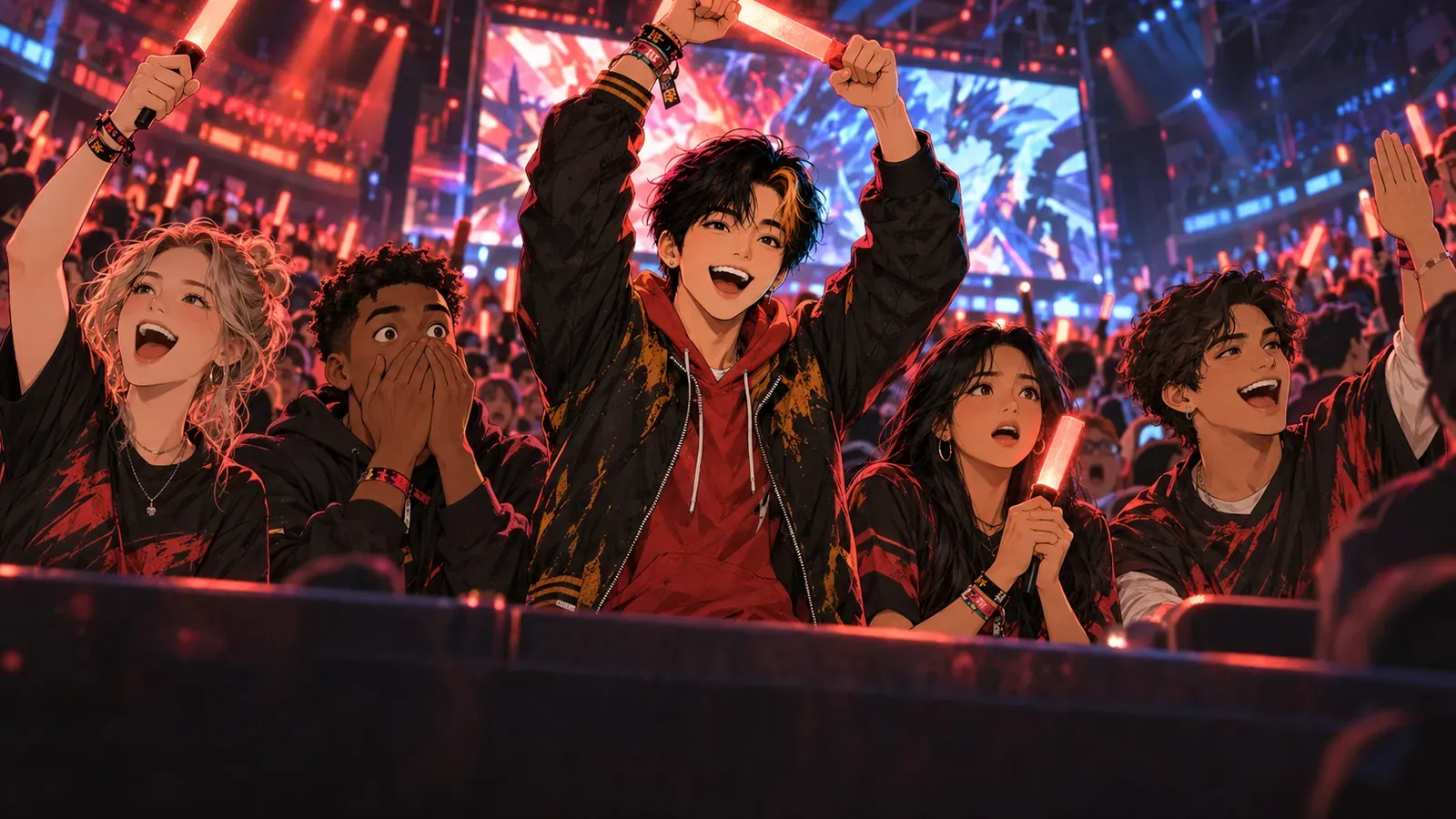 Fans cheer with light sticks at an indoor esports event