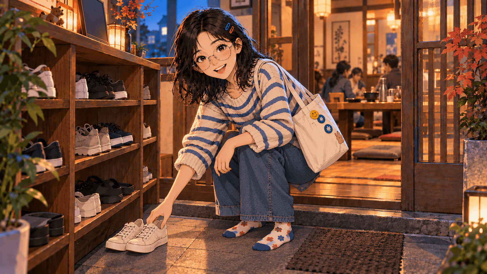 Taking off shoes at a restaurant entrance shoe cabinet