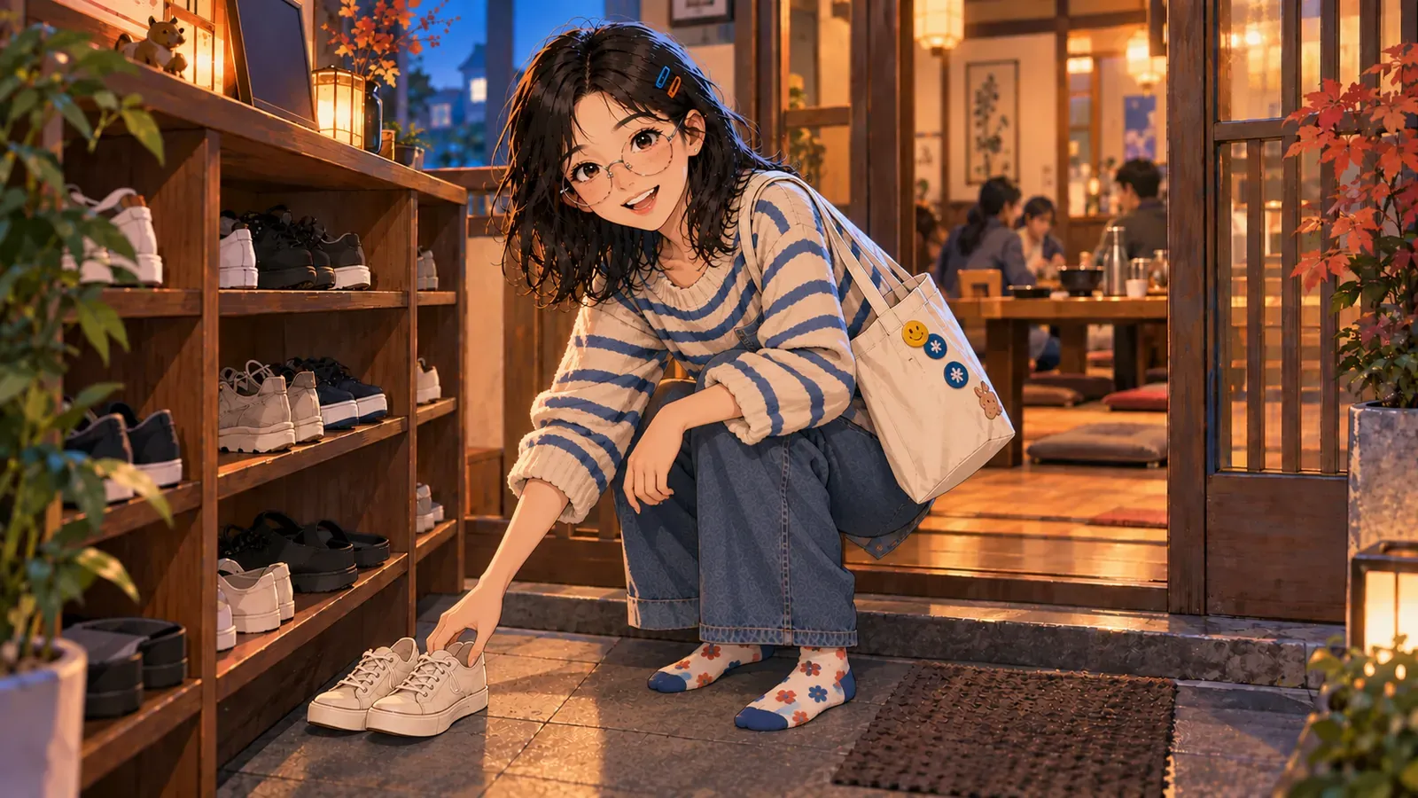Taking off shoes at a restaurant entrance shoe cabinet