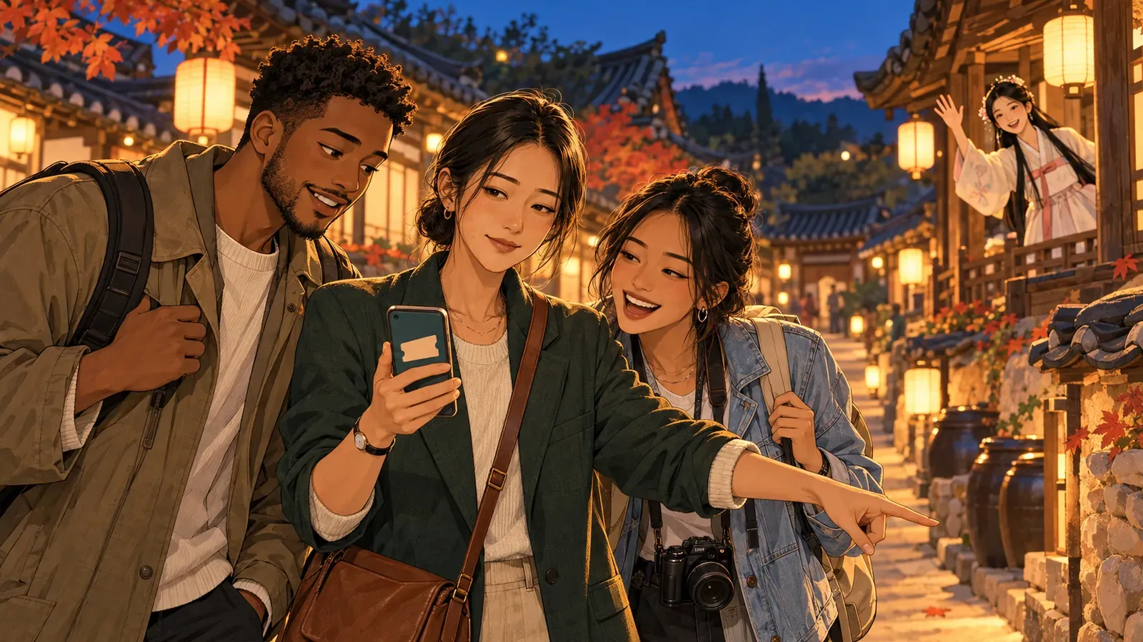 In a lantern-lit Joseon-style village lane at dusk, Soo shows a ticket on her phone to two travelers while a costumed performer in a white hanbok waves from a balcony