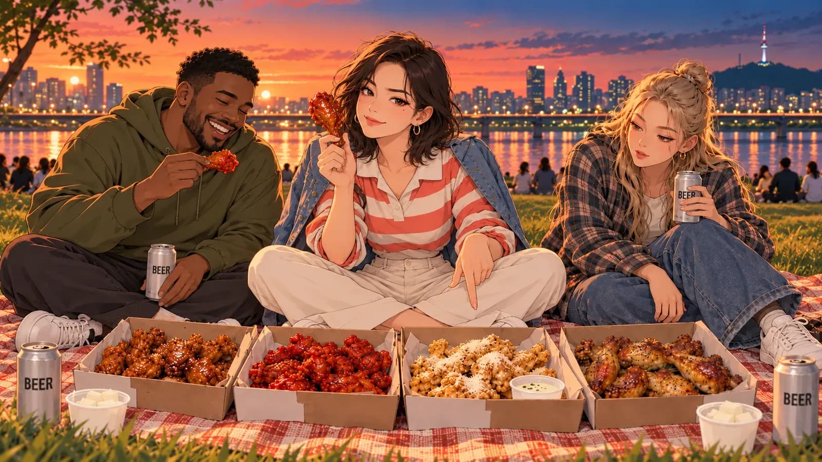 夕暮れの漢江でピクニック中のミナが照りのあるドラムスティックを掲げ、4種類のフライドチキンの箱と友人2人が並ぶ。