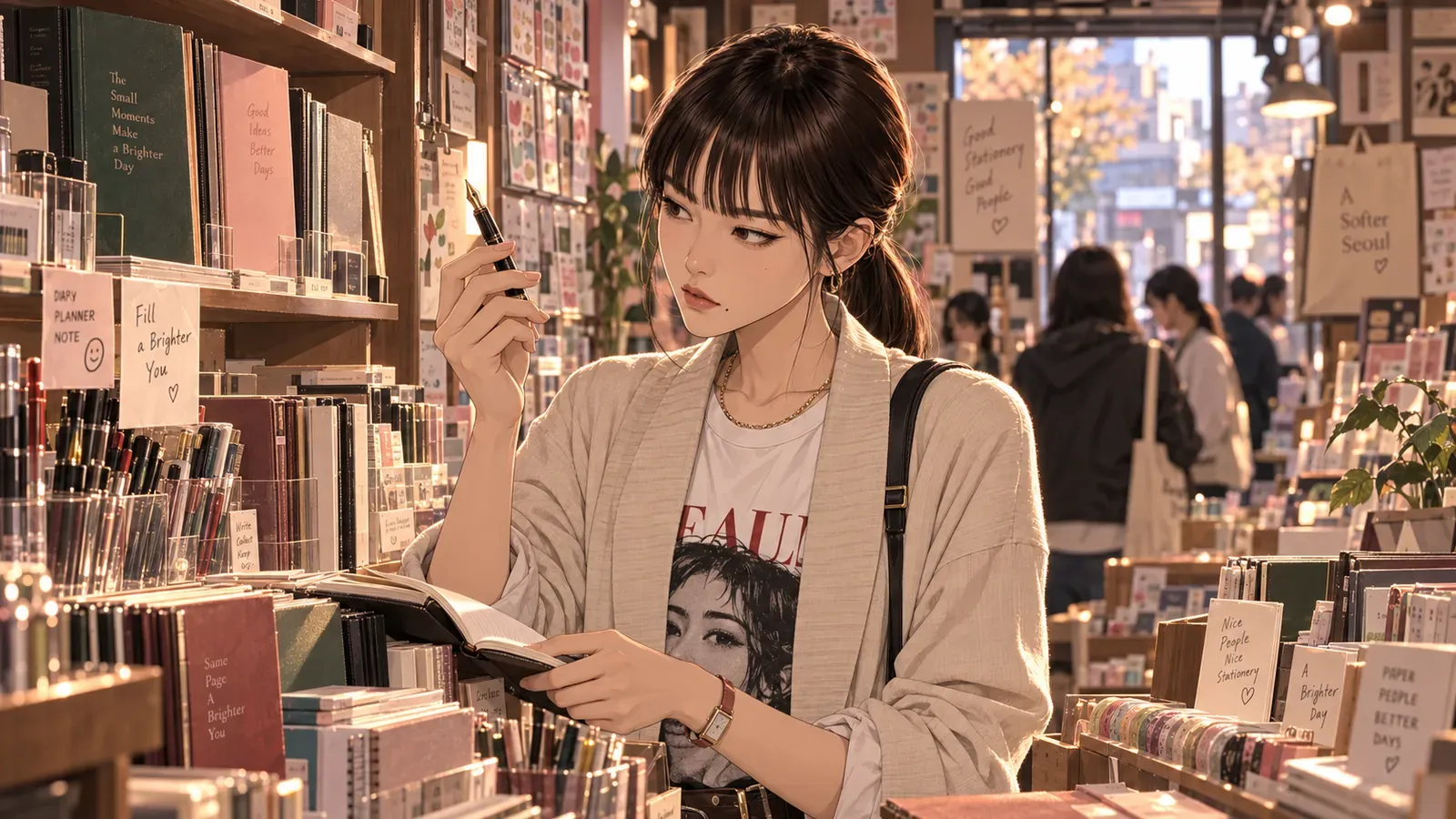 A shopper browses notebooks and pens at a stationery store