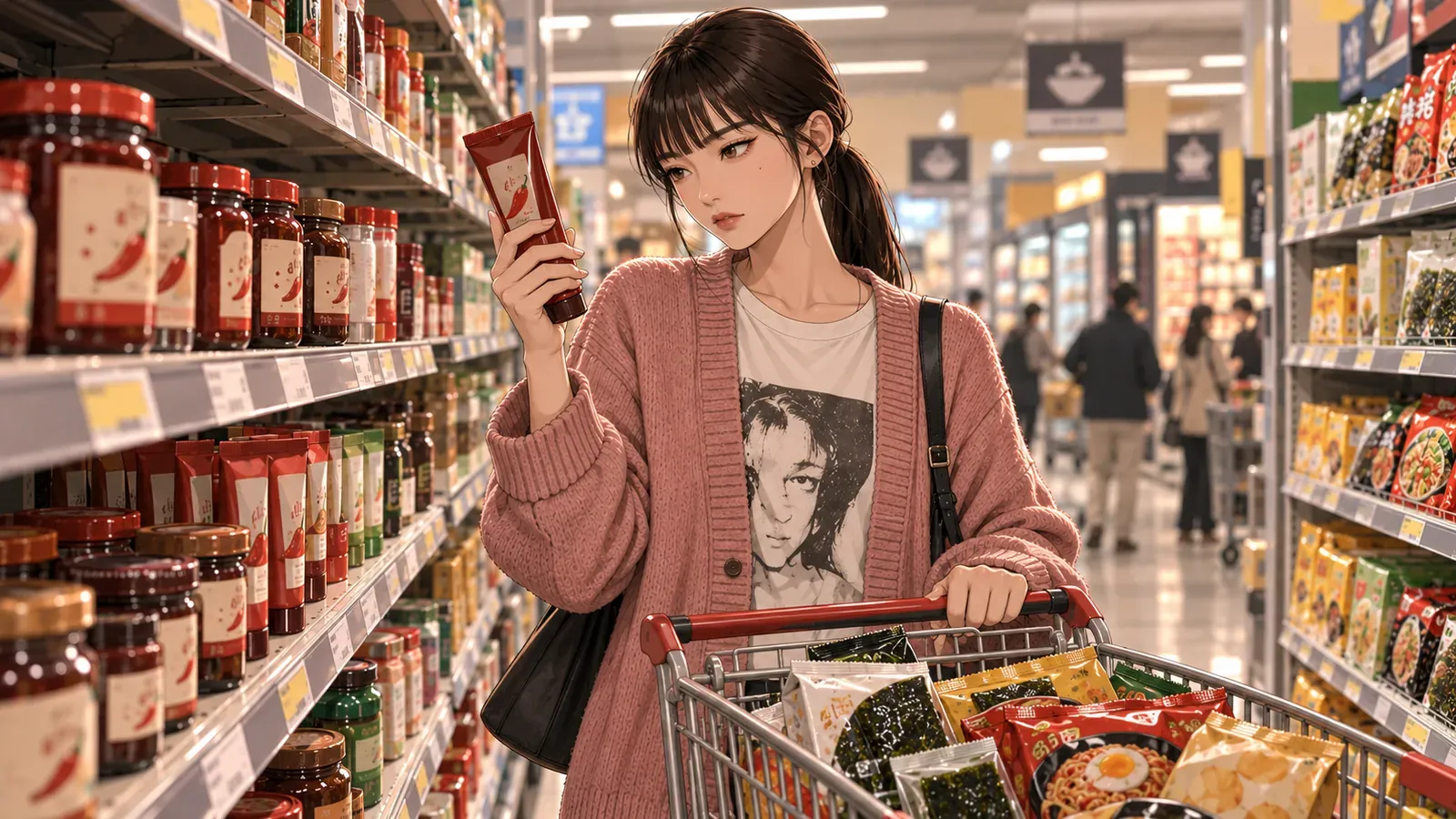 スーパーの棚でチューブ入りコチュジャンと瓶入りを見比べる