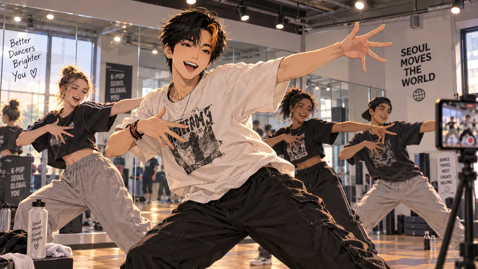 A beginner K-pop dance class mid-session at a Seoul studio