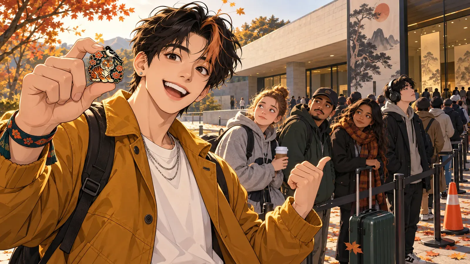 A smiling young man in an amber jacket holds up an enamel pin with a tiger and a magpie while a mixed group of travelers queues outside a museum in autumn