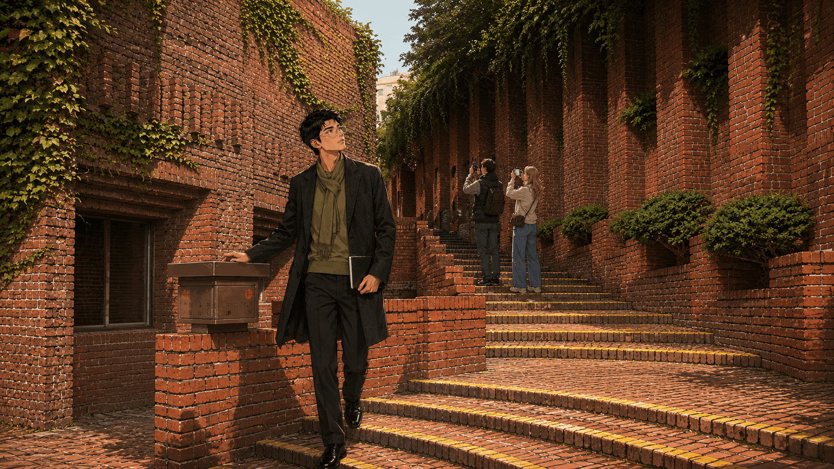 The Golgotha approach ramp wrapping the brick exterior