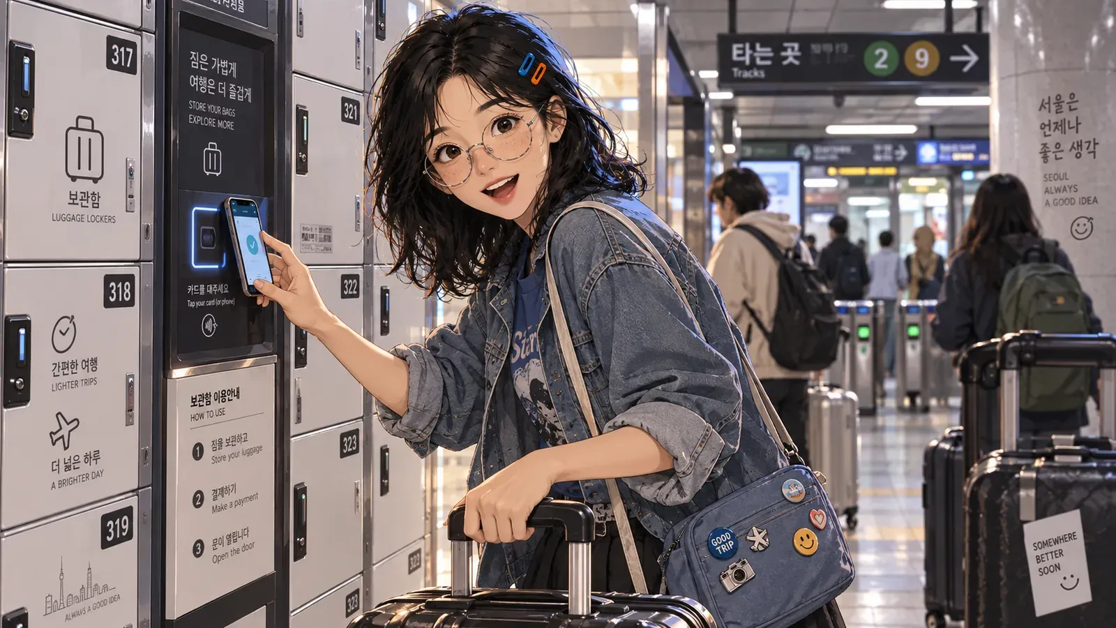 A traveler uses a luggage locker in a Seoul subway station
