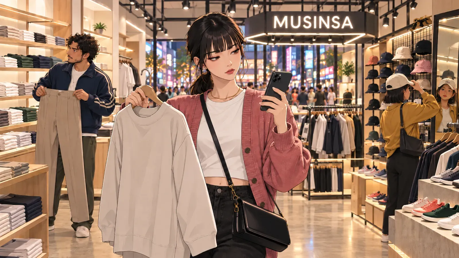 Yuna holds up a light sweatshirt on a hanger and checks her phone in a Musinsa store in Myeongdong, with basics shelves on one side and caps and sneakers on the other