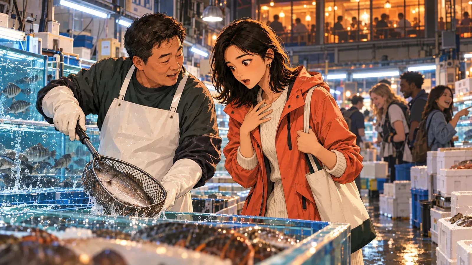 A vendor lifts a live fish from its tank in a net as a visitor reacts to the price, second-floor restaurants glowing above