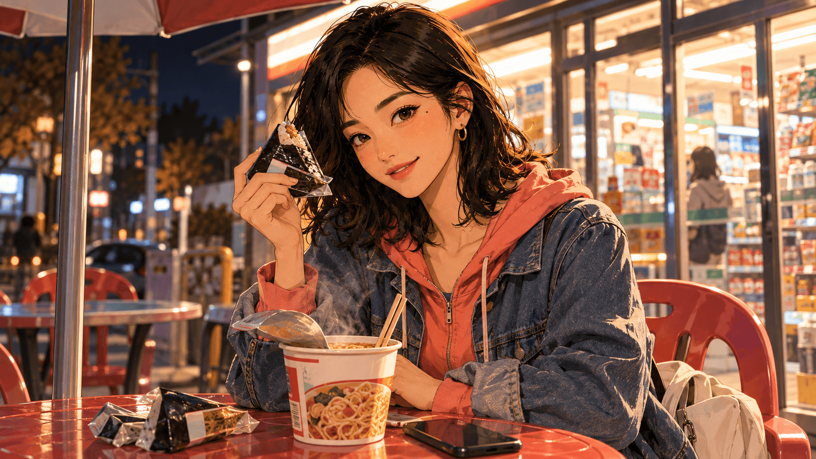 コンビニのテーブルに置かれたカップ麺と三角キンパ
