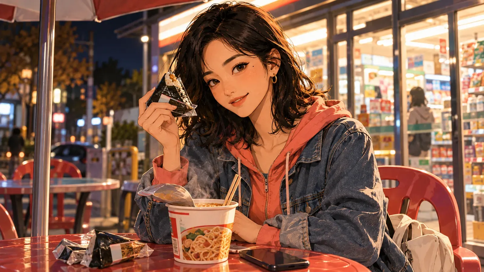 コンビニのテーブルに置かれたカップ麺と三角キンパ