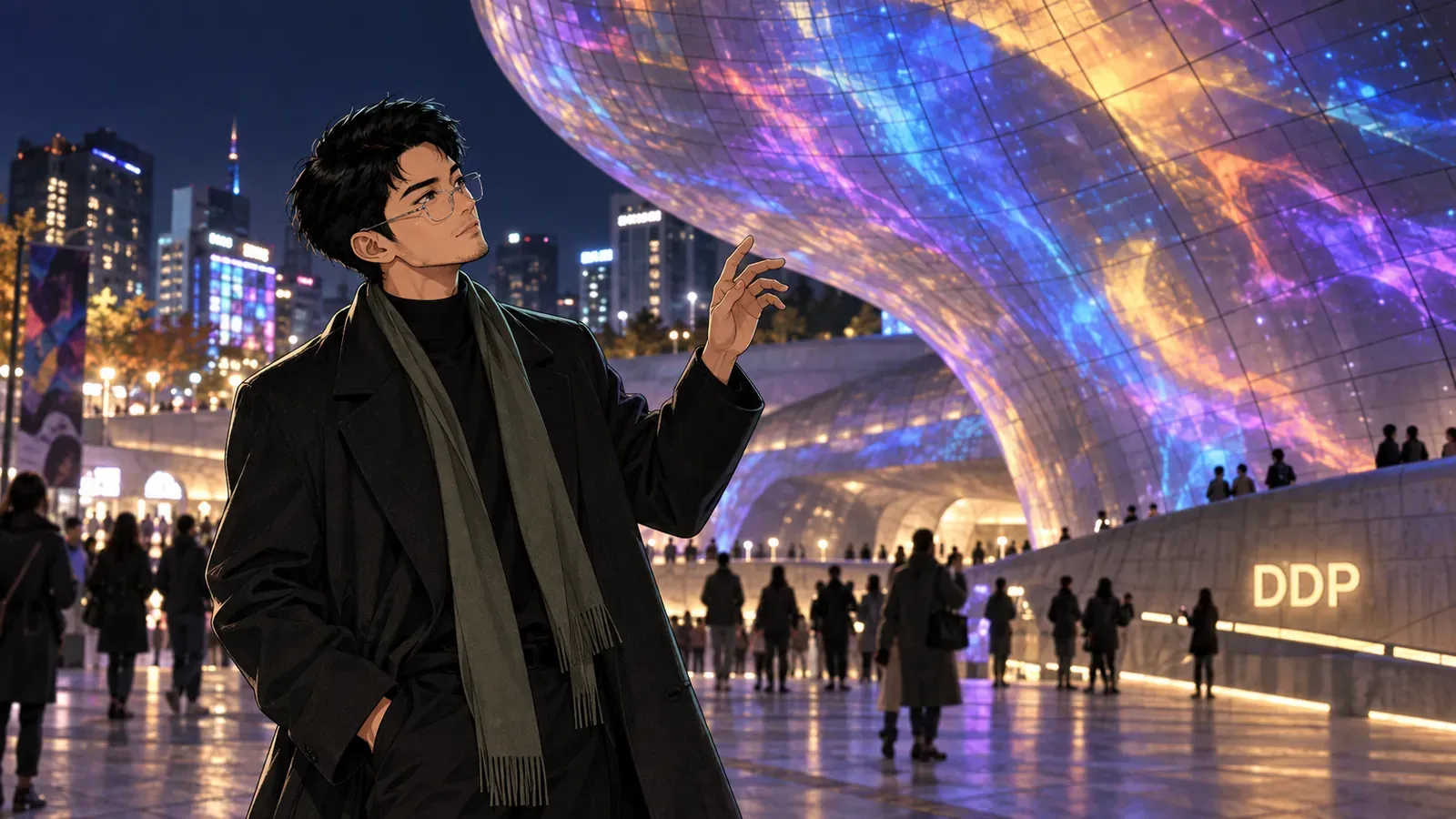 A visitor looks up at the illuminated curves of Dongdaemun Design Plaza at night