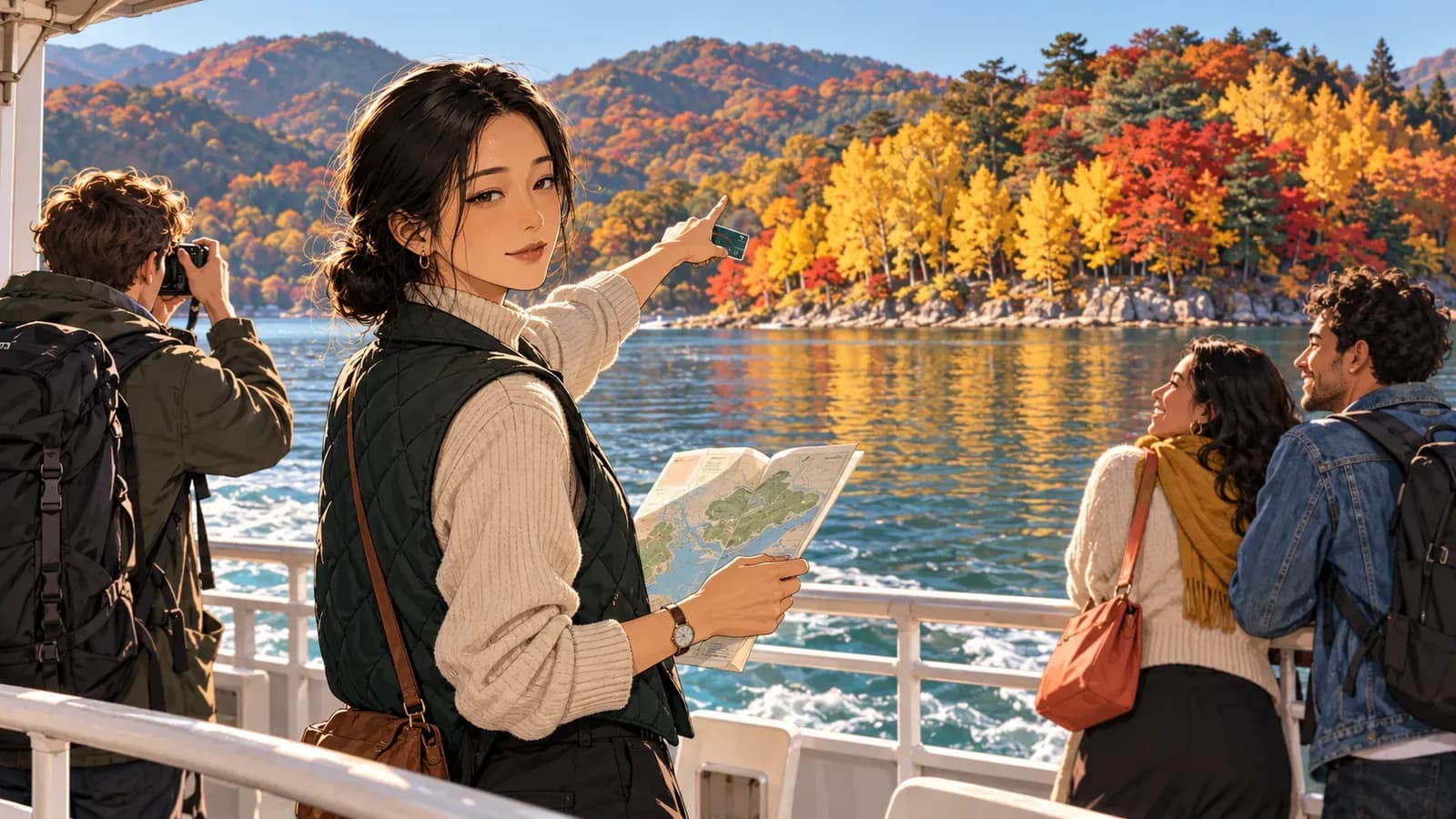 Soo在渡輪甲板上拿著折起的地圖,指向染成黃紅色的島;旅客靠在欄杆旁拍照。
