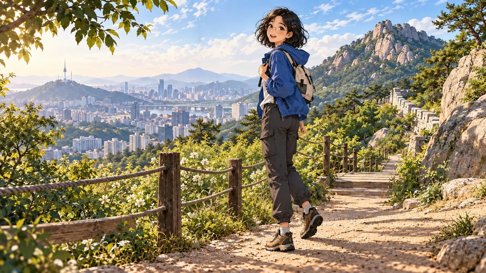 Rae walks a sunny mountain path above Seoul, with a rope fence, rocky hills and the city in the distance