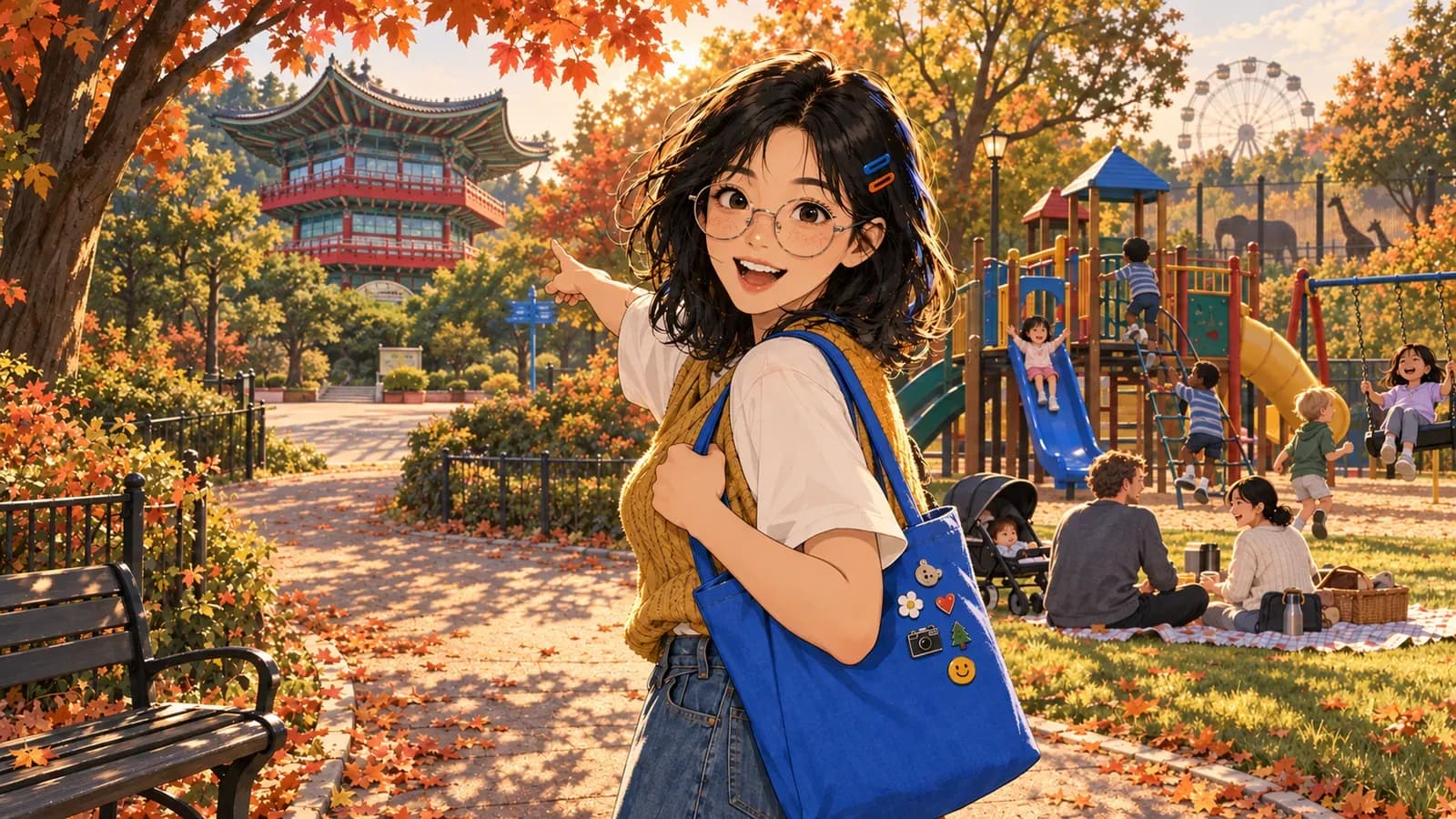A visitor points toward a colorful playground beside a traditional pavilion at Seoul Children's Grand Park