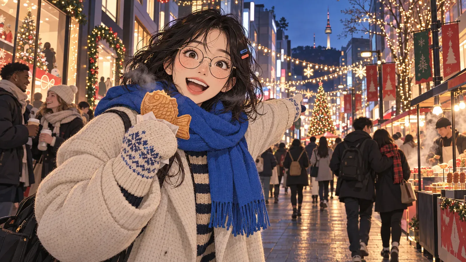 A traveler walks through a Seoul street decorated with holiday lights